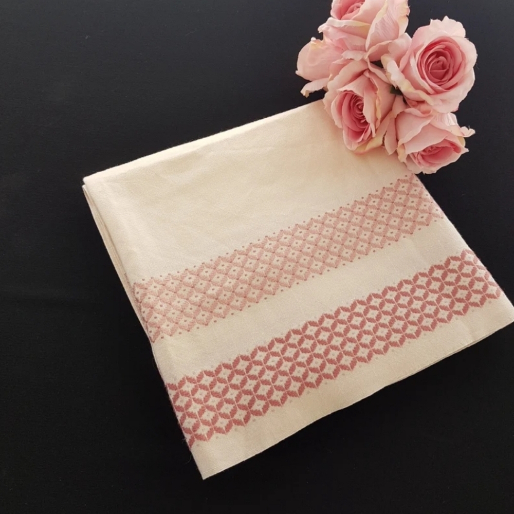 Vintage Irisette Dralon Germany Tablecloth, 48 inch Square, Pink Hand Embroidery